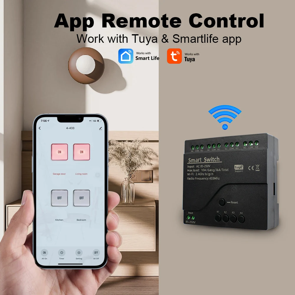 Tuya Smart Switch Module 4 Channels 7-32V 12V 85-250V 220V Wifi Relay DIN Rail RF433 Remote Control Works with Alexa Google Home