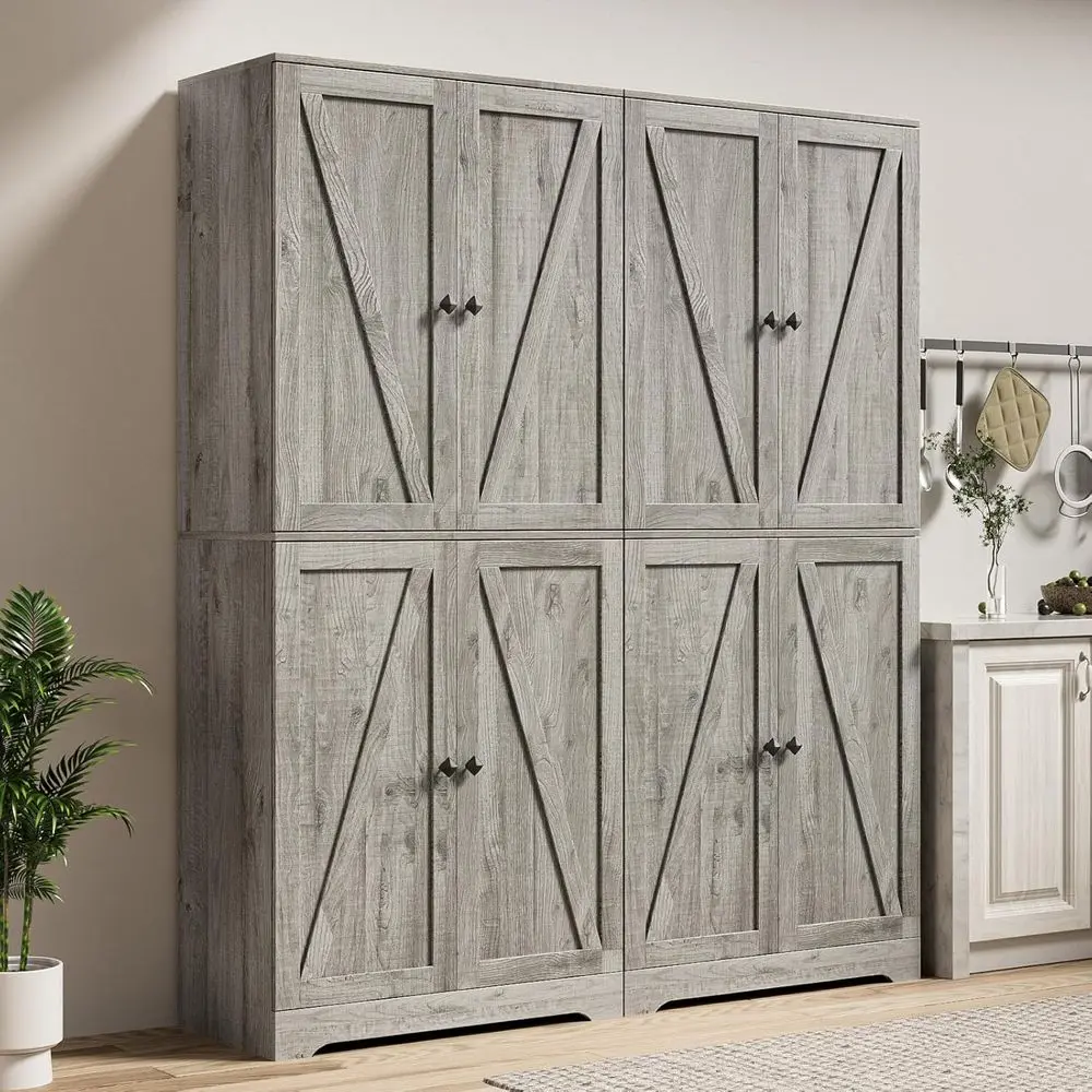 

2-Piece 72 Tall Kitchen Pantry Cabinet Set with 4 Barn Doors and Adjustable Shelves, Grey