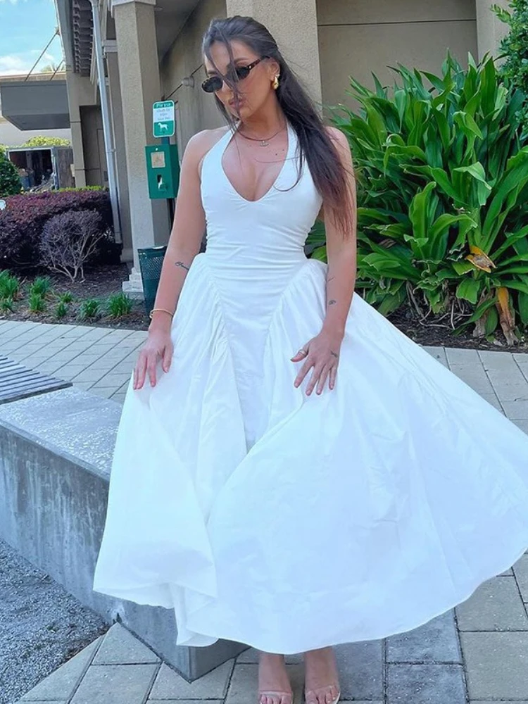 

Woman Clothing Summer Sleeveless Tunics Long Dress 2025 Chic Halter Neck Backless Ruched Solid Vacation Dresses Streetwear Y2K