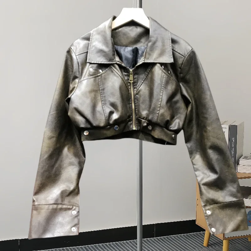 2025 primavera outono preto exército verde fino curto falso jaqueta de couro do plutônio das mulheres nova lapela zíper manga longa jaqueta motociclista streetwear