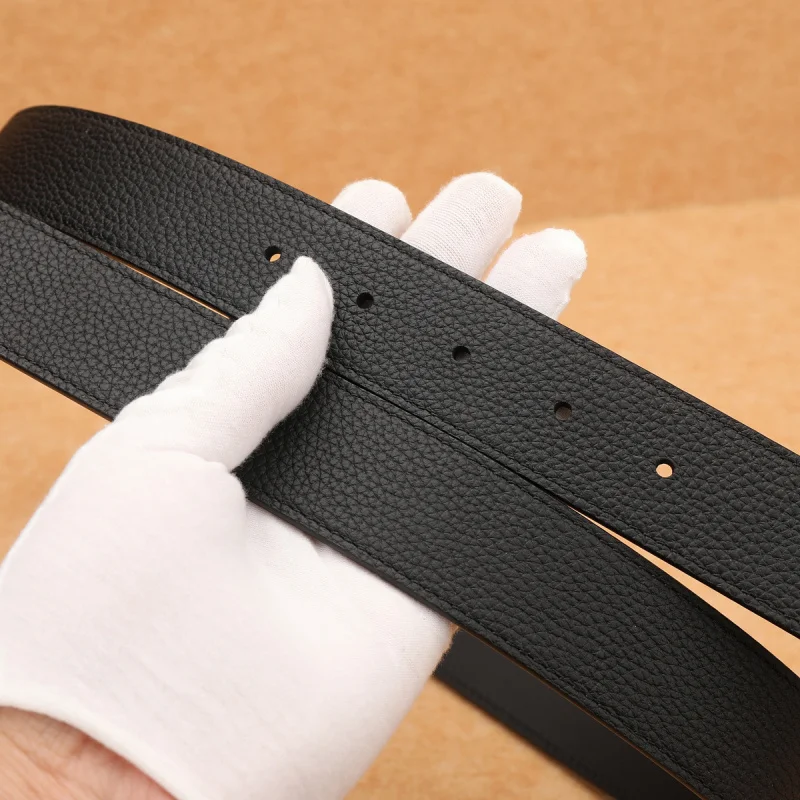 

3.4cm Genuine Leather Men's Belt - No Lining Pebble Grain Full-Grain Leather, Ferragamo-Style No Buckle Design, Minimalist and D