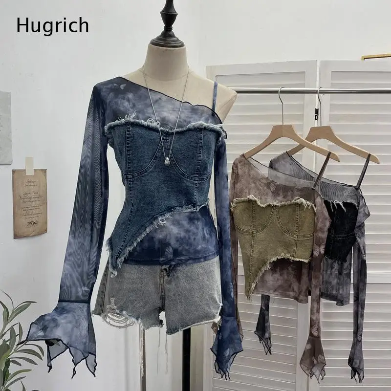 Asymmetric One Shoulder Mesh Patch Denim Top Fringe Trim Irregular Hem Flare Long Sleeve Multi Color Casual Slim Blouse