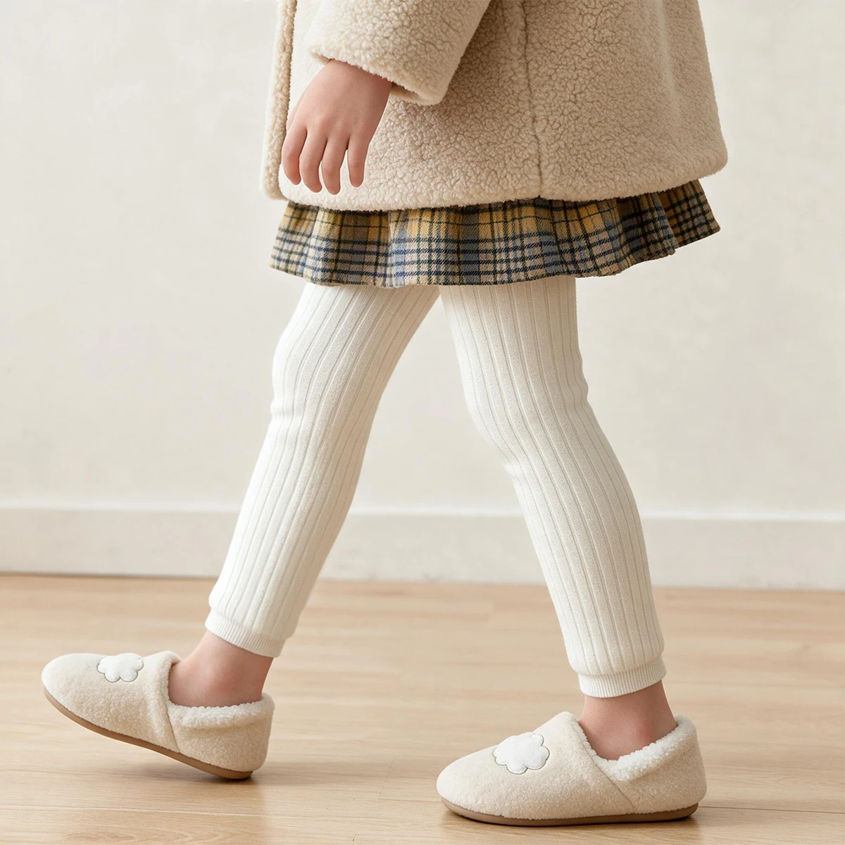 1PC Kids Fleece Lined Ribbed Ankle Leggings, Winter Stretchy Warm Baby Pants for Daily Wear