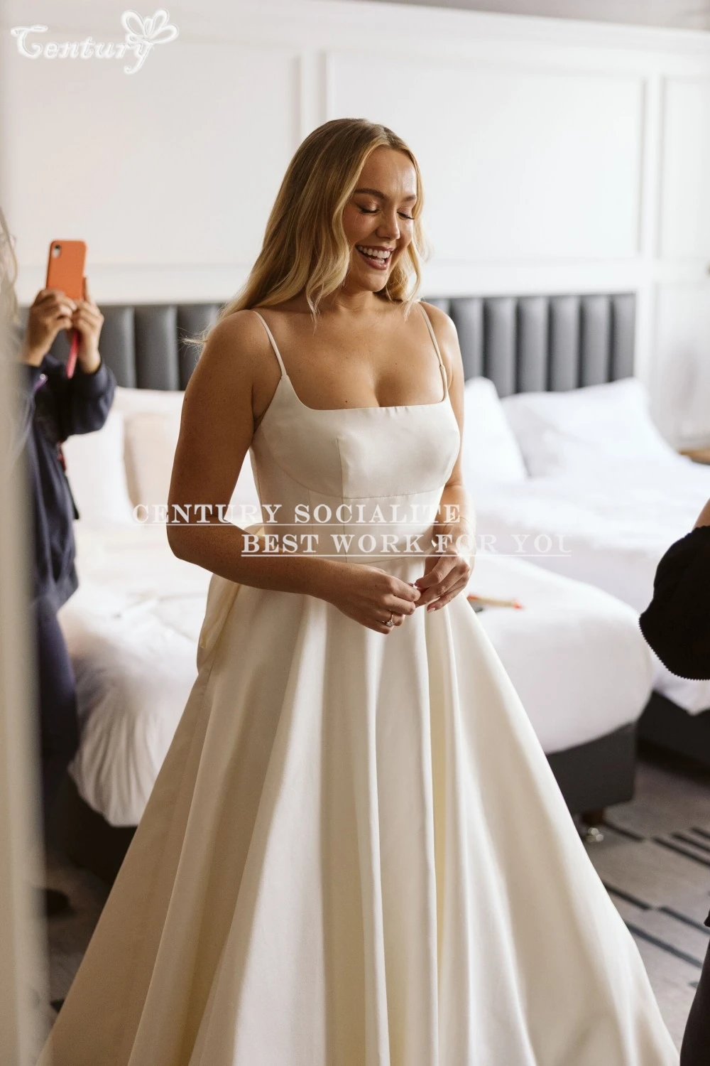 Vestido de casamento de cetim com laço, alças espaguete, costas nuas, vestidos de noiva simples, vestidos de novia personalizados