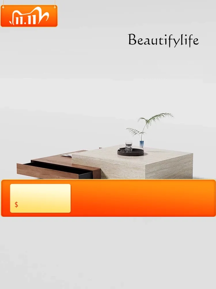 7 Medieval Living Room Modern Simple Light Luxury High-end Italian Minimalist Rock Slab Solid Wood Coffee Table Cave Stone