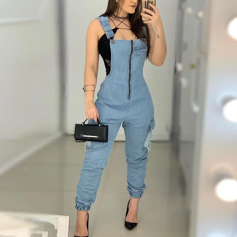 

Office Lady Zipper Pocket Casual Denim Jumpsuits Vintage Blue Strap Frayed Rompers 2023 Solid Colors Denim Overalls Streetwear