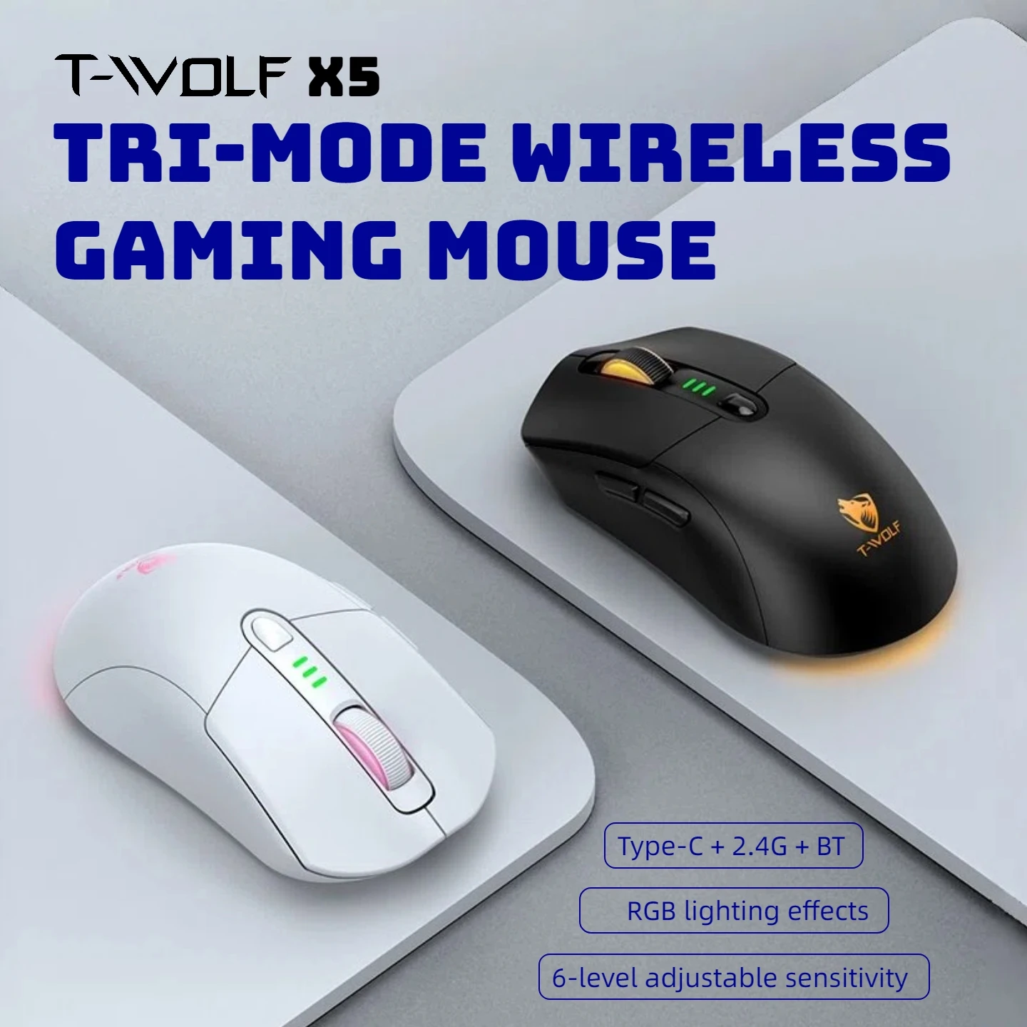 T-WOLF X5 Wireless Gaming Mouse 12800 DPI Tri-Mode Bluetooth 2.4G USB-C Rechargeable RGB Backlit 6 Programmable Buttons for PC Laptop Gamer