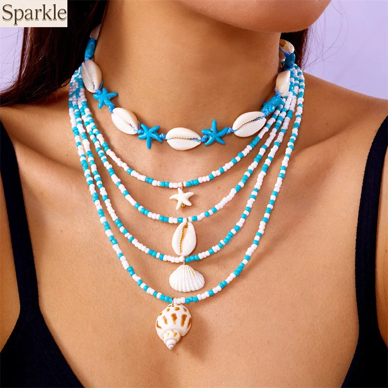 

Popular Bohemian Multi - layer Beach Necklace Women Starfish Seashell Conch Seed Beads Trendy Summer Girls Gift