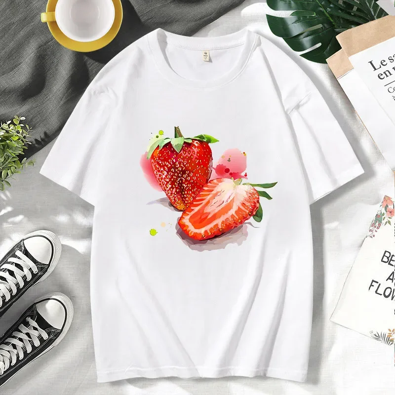 Maycaur New Kawaii Fruits Strawberry Print Women Tops Casual Female Short-sleeved Streetwear Black Round Neck Oversized T-shirts