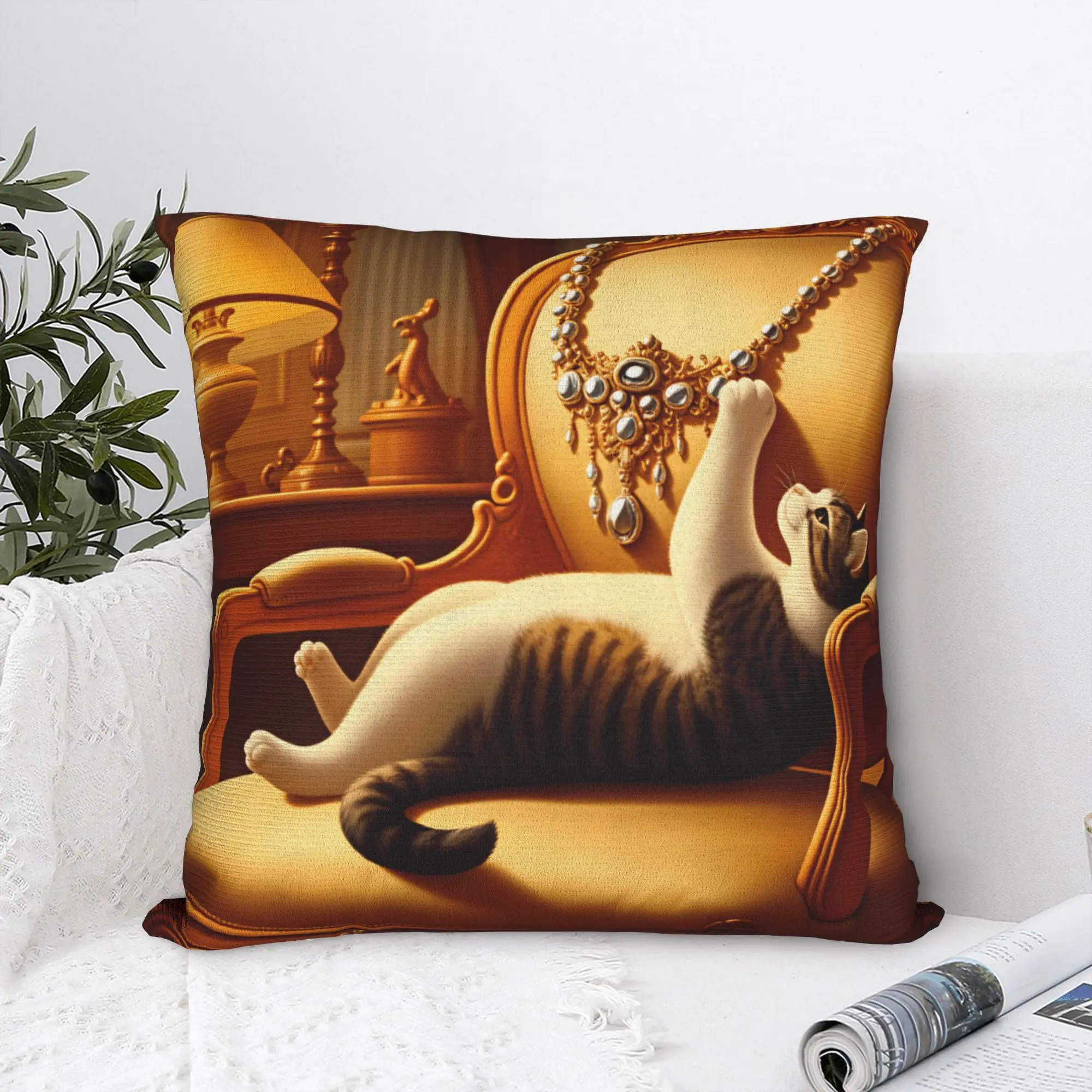 Playful Cat with Rococo Necklace Poster Pillow Case  Retro Trendy Pillow Cover Graphic Pillowcases For Living Room Sofa