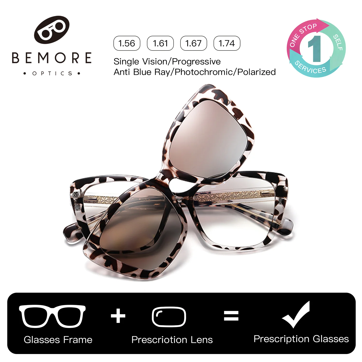 

BEMORE Clip on Prescription Sunglasses Square Ultralight Acetate Progressive Women Glasses Anti-Blue Ray Progressive Eyeglasses