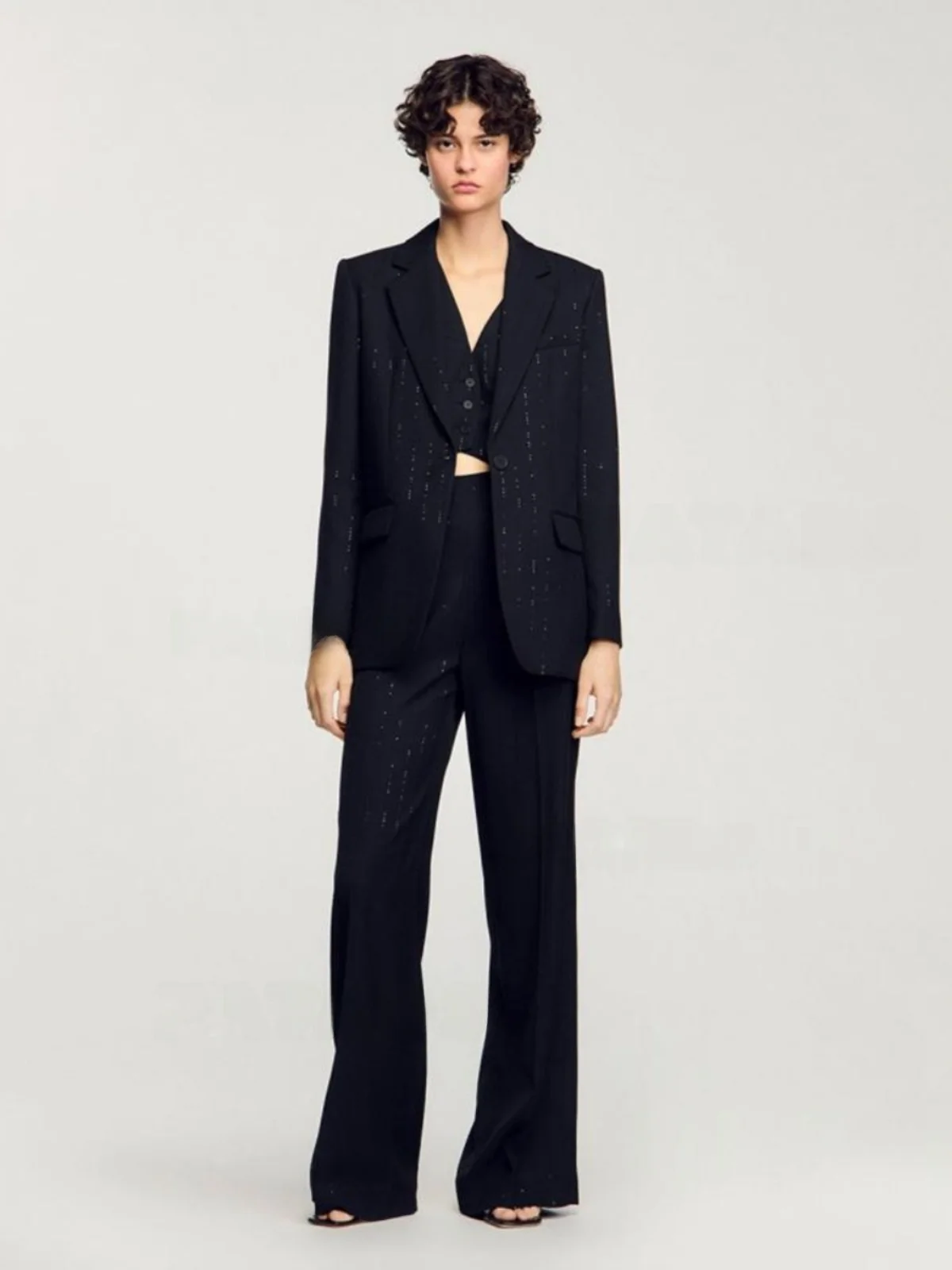 เสื้อโค้ทผู้หญิงทรงหลวม แบรนด์ Bla Sequin Suit Jaet Commute Sle รุ่นใหม่ล่าสุดสำหรับฤดูใบไม้ผลิ ดีไซน์หนังแก้ว แขนยาว