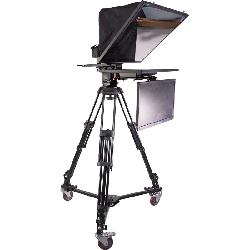 TS-T110/22D teleprompter สตูดิโอมืออาชีพพร้อมจอแสดงผลตรวจสอบตัวเอง22นิ้วล้อคู่ PTZ ขาตั้งกล้องนิรภัย