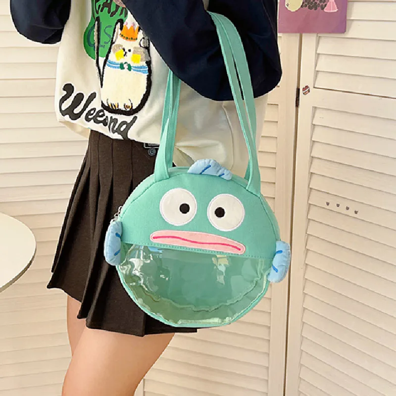 Sanrio Original Hangyodon Kuromi My Melody Pochacco Canvas Translucent Shoulder Bag Leisure Portable Handbag Girls Kawaii Gift