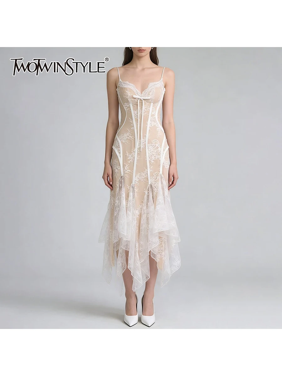 

TWOTWINSTYLE Sexy Slimming Spliced Lace Irregular Long Dress for Women V Neck Sleeveless Patchwork Bowknot Dresses Female New