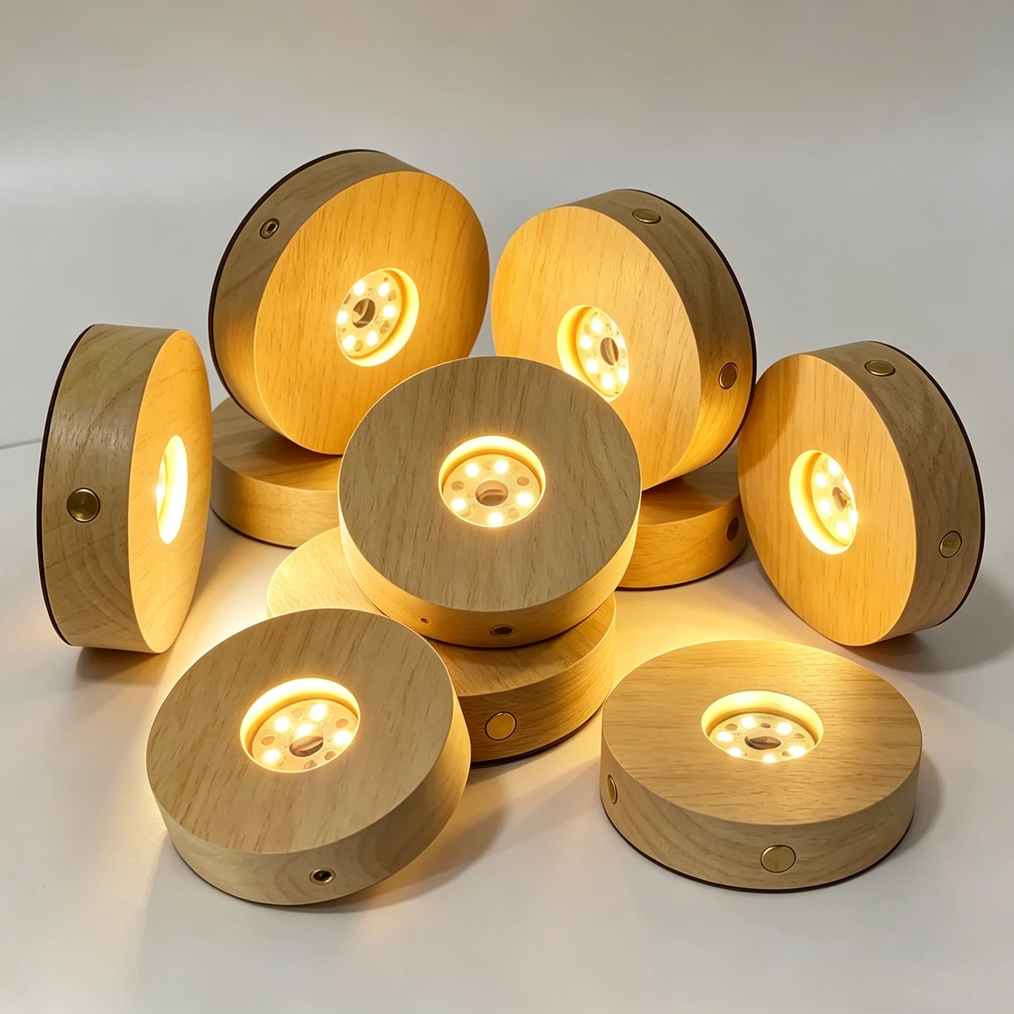 LED Light Wooden Lights Base Crystal Glass Resin Art Display Stand Round Rechargeable Bedroom Holiday Daily Lighting Decoration