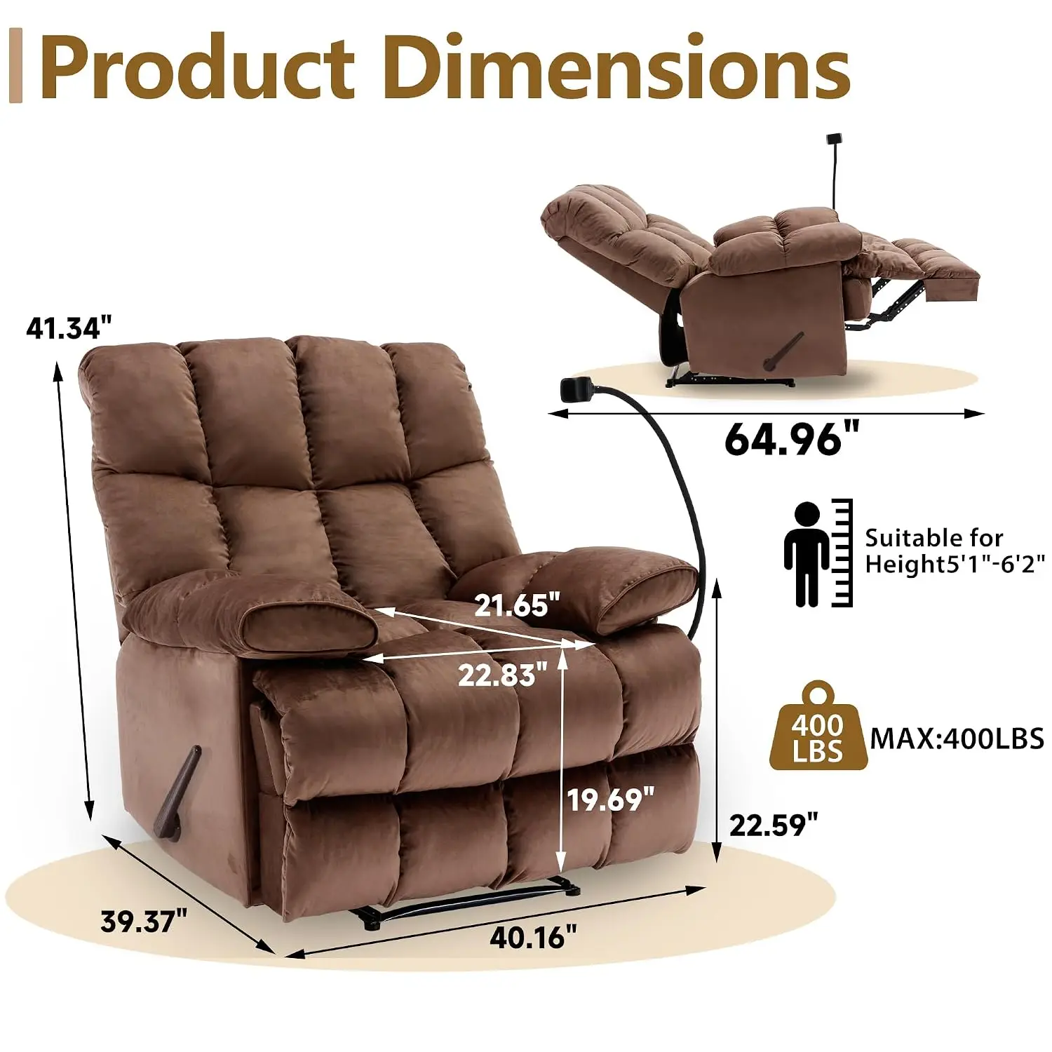 Wide Manual Recliner for Big Man, Soft Velvet with Phone Holder for Living Room, Bedroom & Home Theater, Brown, Customized