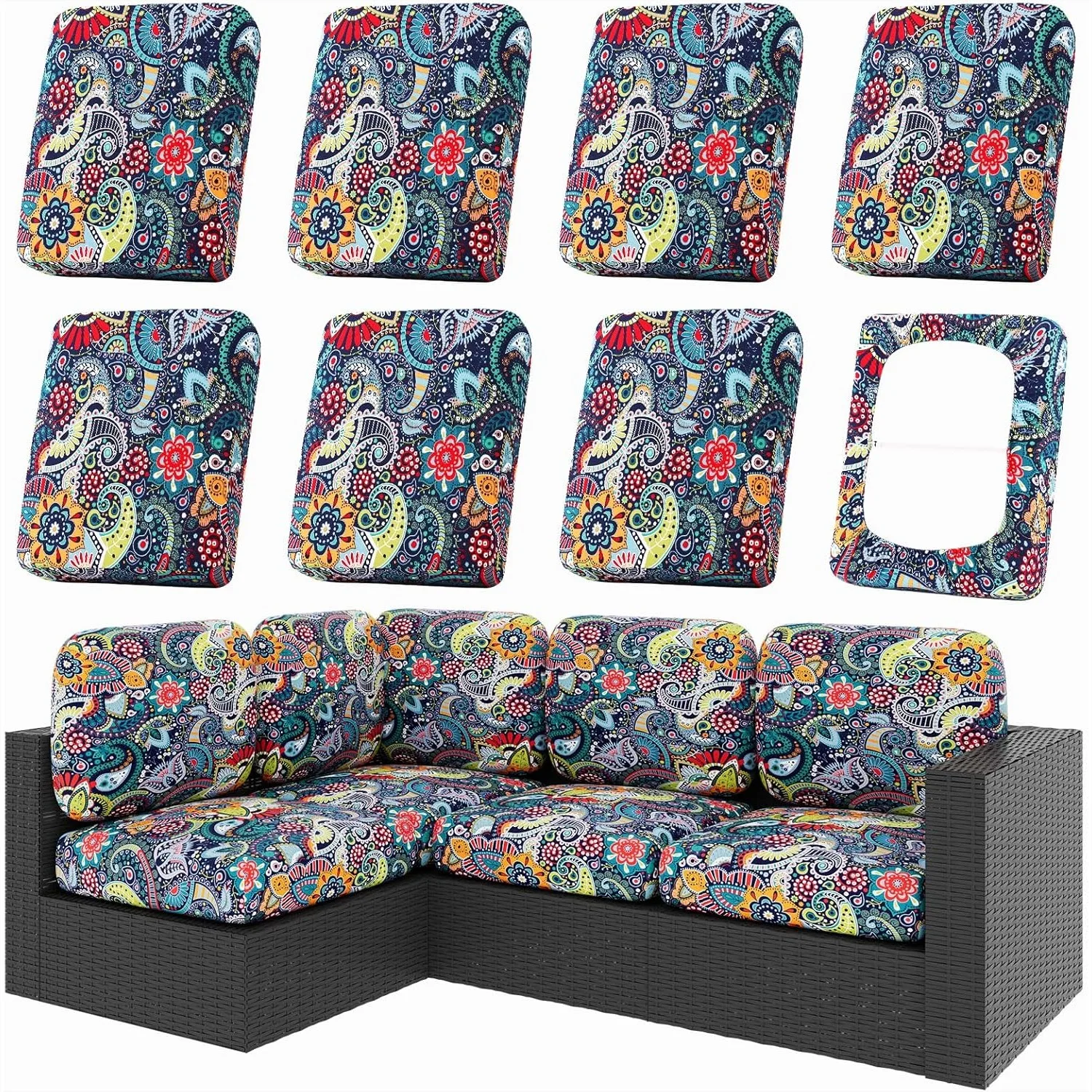 

8Pcs Patio Cushion Covers, Stretch Outdoor Couch Slipcovers Replacement, Washable Sofa Protector with Elastic Bottom (Paisley,