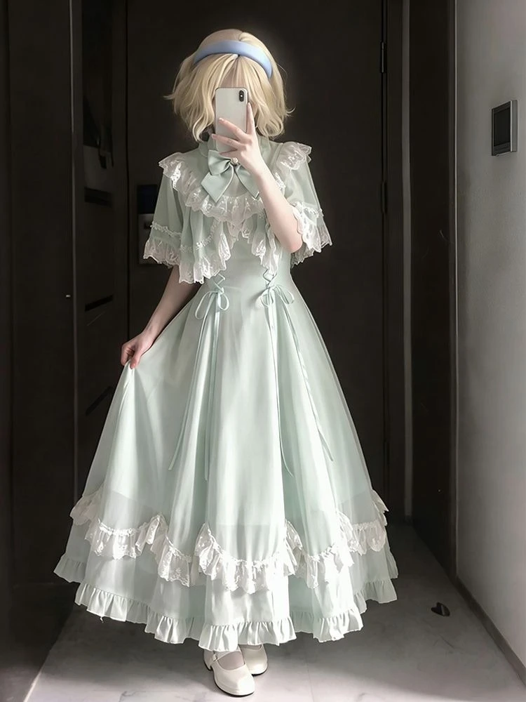 Sweet Lolita 2026 New Lace Bowknot Lolita Maxi Dress Women Ruffle Cape Tie Waist Layered Skirt Kawaii Japanese Fashion Tea Party