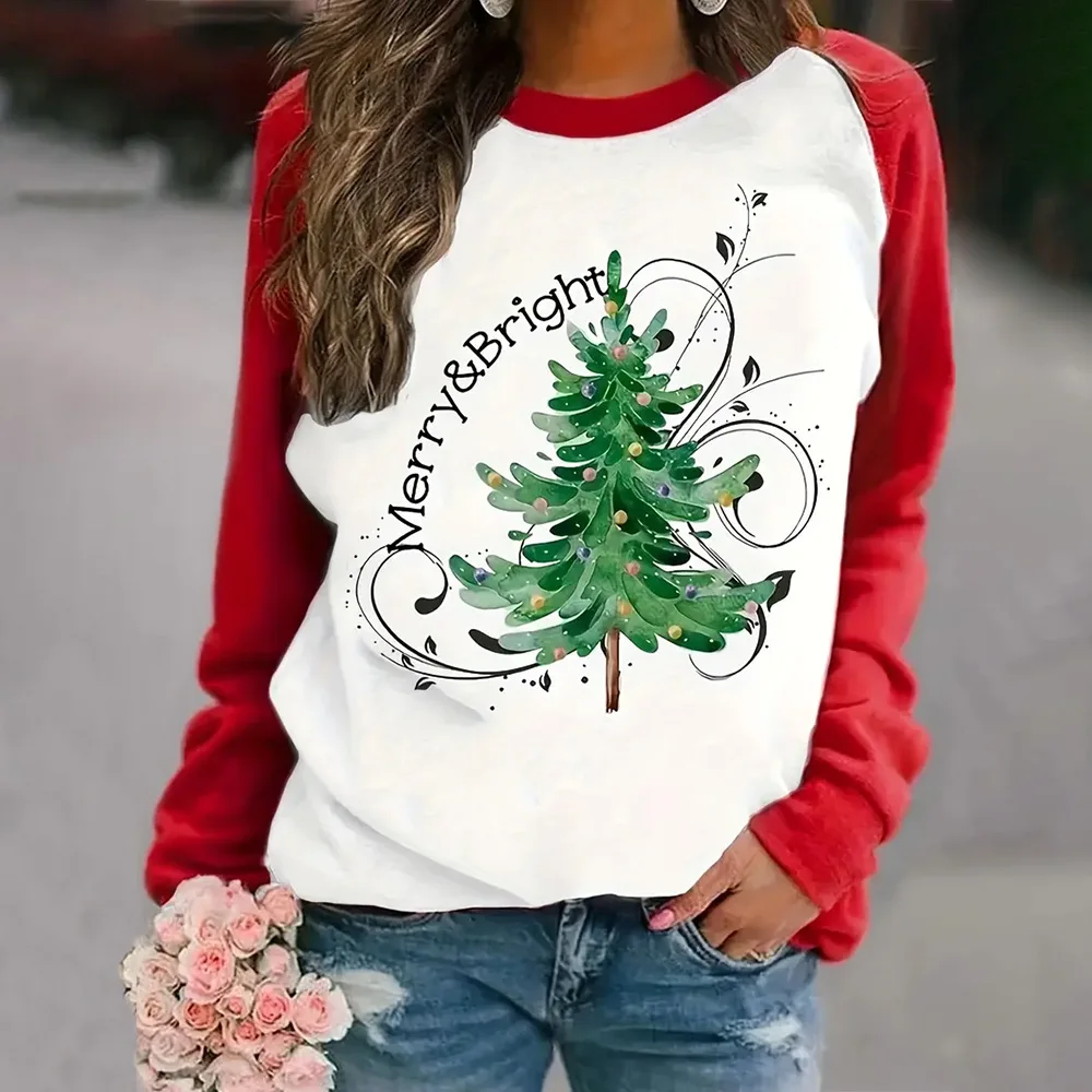 Fashion Women's Loose Casual Tops T-shirts Round Neck Elegant 3D Christmas Tree Pattern Printed Long Sleeves Autumn & Winter