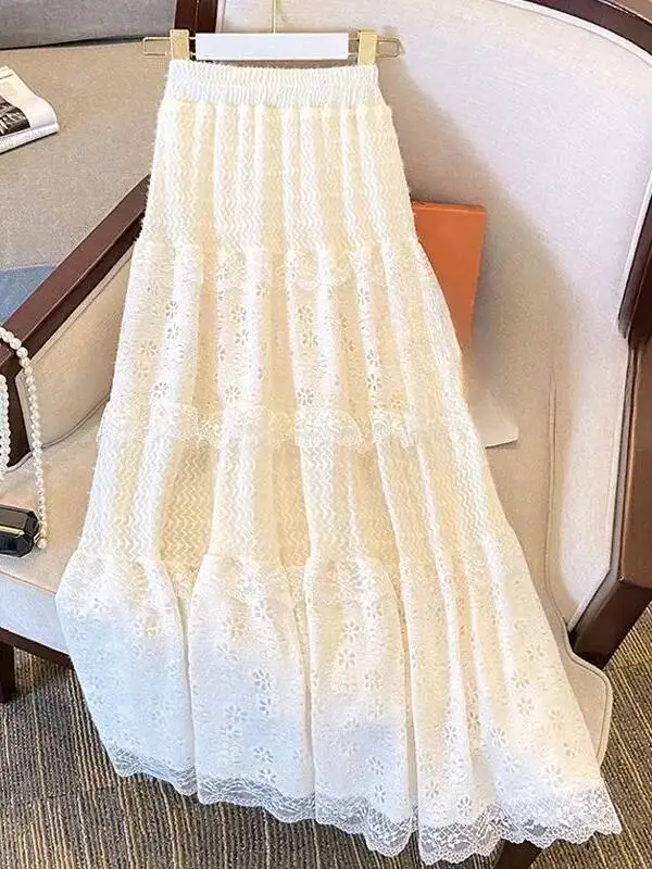 レーススカート女性フレンチスタイル足首までの長さの高弾性ウエスト中空アウトパッチワーク新しいルーズスリム韓国スタイル A ライン甘い OP8