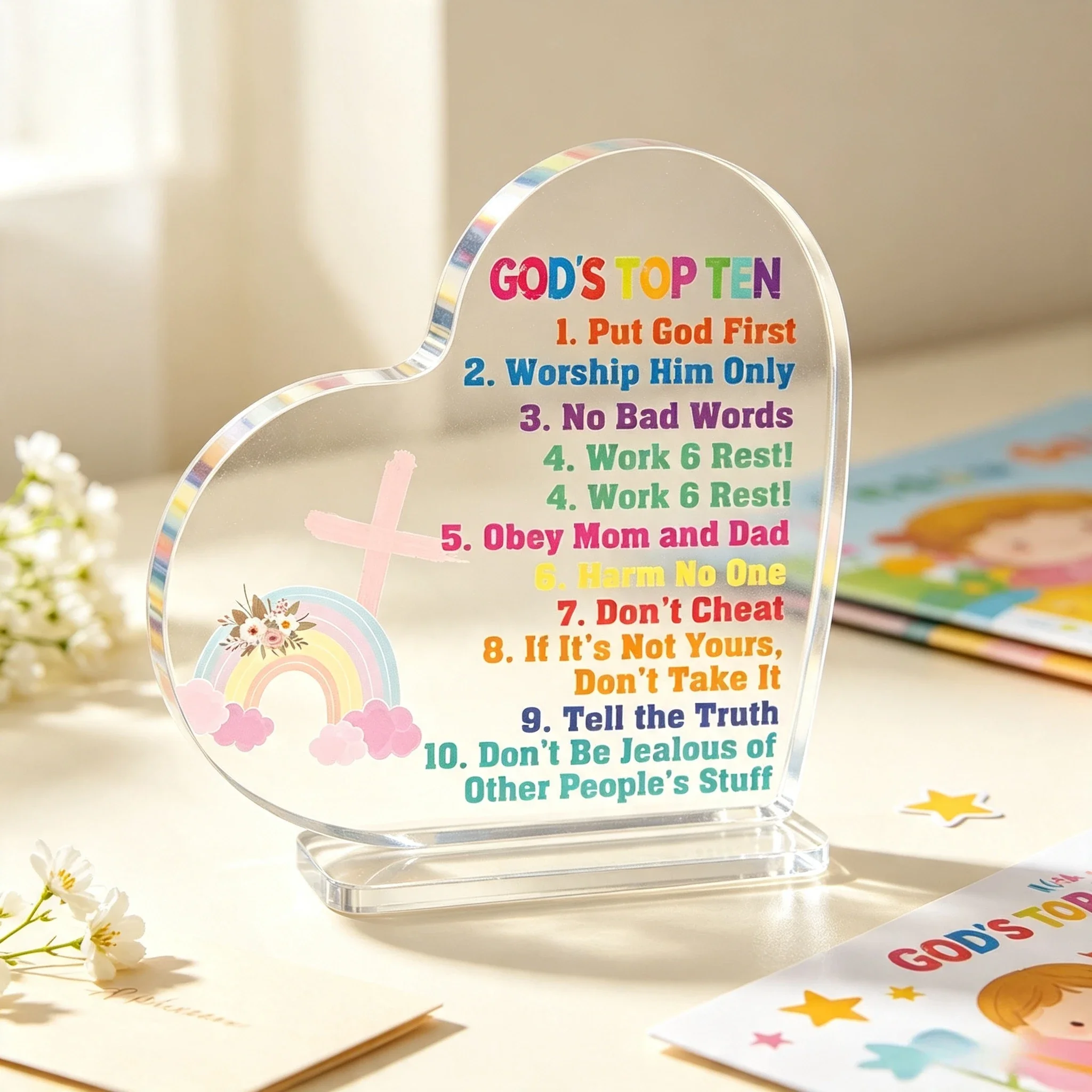 Kids Christian Ten Commandments Acrylic Heart Ornament Rainbow Cross Religious Home Decor Gift