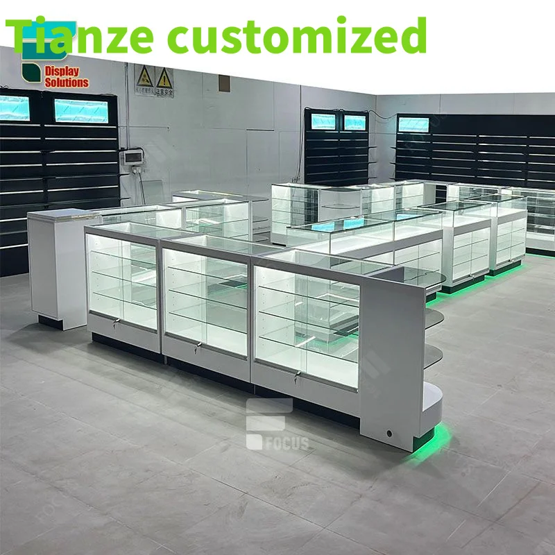 (customized)OEM Store Design Cigar Humidor Display Show Glass Cabinet Shelves Cigar Curved Counter Smoke Shop Showcase