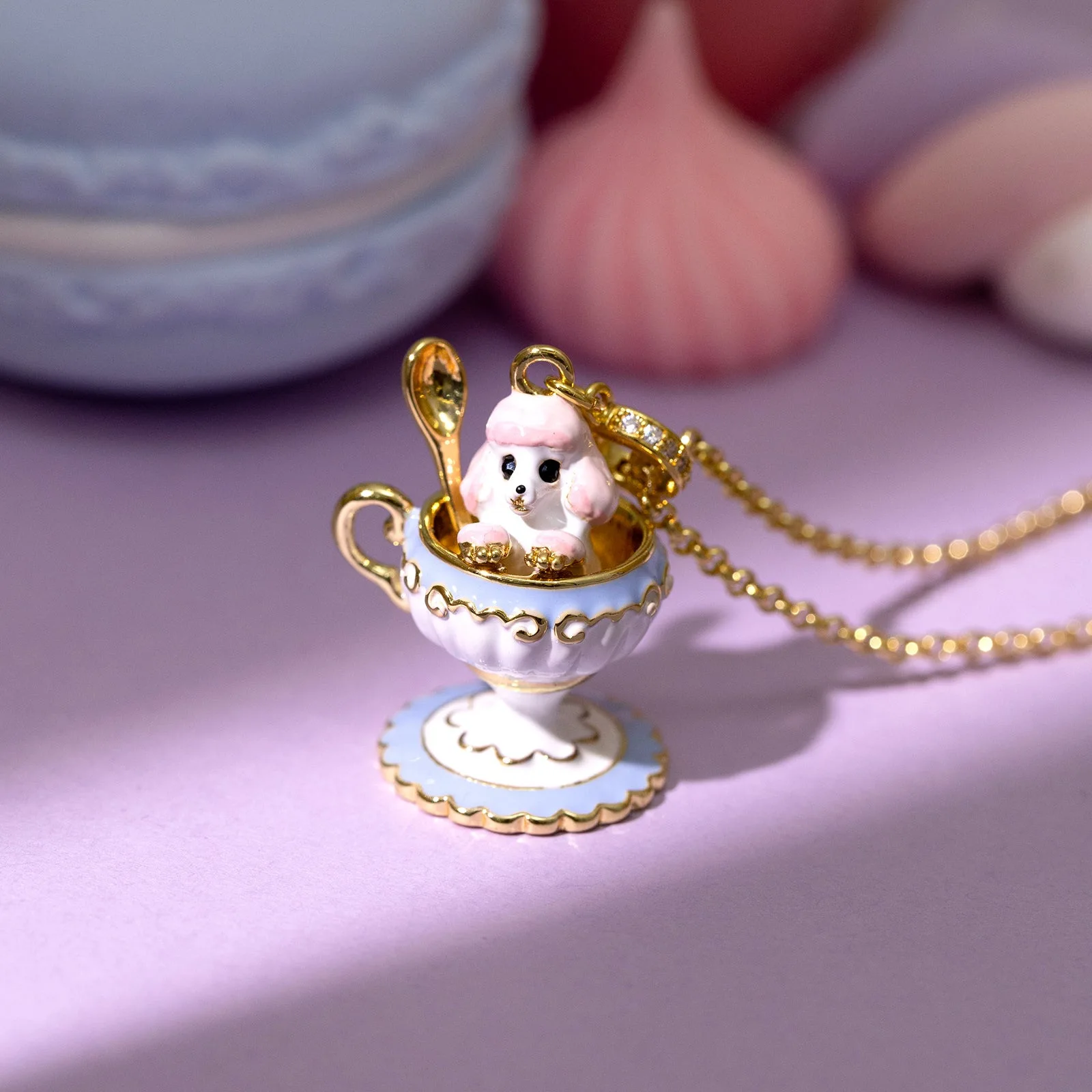 Cute teacup dog necklace colorful dripping animal cup spoon cartoon collarbone chain gift female copper