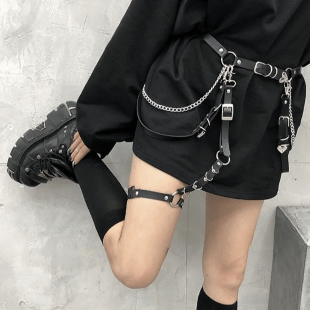 Harajuku تنورة معدنية حزام فاسق بولي Leather الجلود الخصر سلسلة الهيب هوب القلب JK الساق حلقة ملهى ليلي