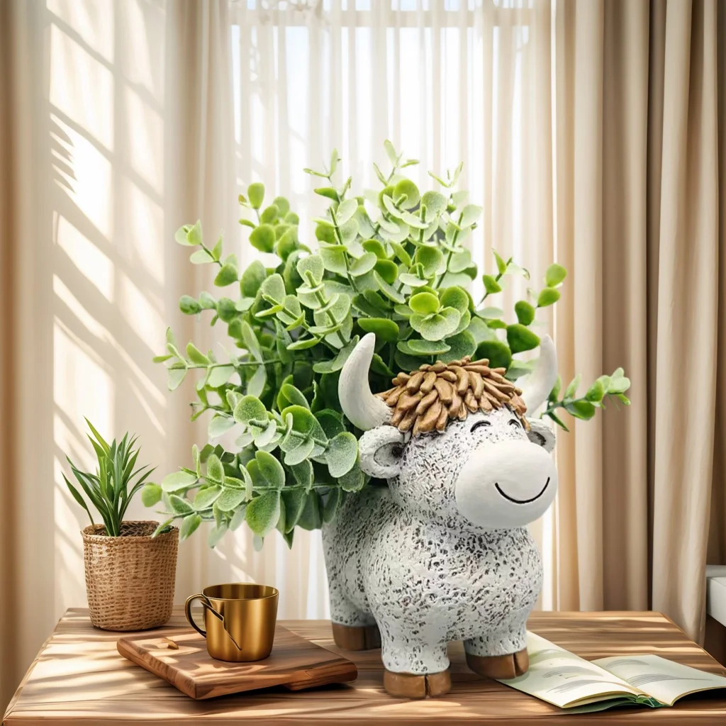 1 Piece of Highland Cow Shaped Resin Flowerpot with Bohemian Style - Hand-Carved Gardening Decoration, Suitable for Succulent/Small Plants - Study Balcony Country Style Decoration, Christmas and Valentine's Day Creative Gifts with Drain Holes