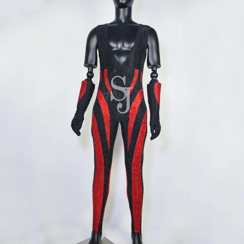 Męski strój do pole dance, czerwono-czarny kombinezon z dżetami, seksowny kostium gogo, strój sceniczny dla DJ-a, odzież rave, XS7487