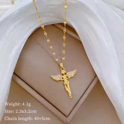 Stainless Steel Chain Fashion Shiny Zircon Angel Pendant Necklace for Women Men Hip Hop Jewelry Accessories Christmas Gifts