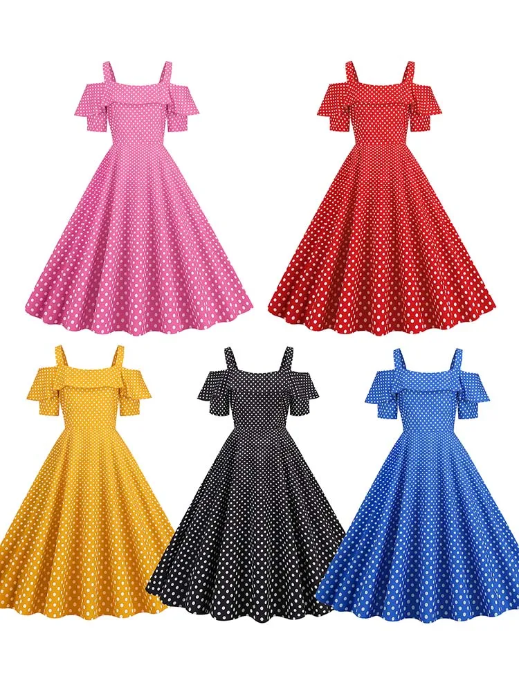 Off the Shoulder Elegant Vintage Party Dress Women Summer Polka Dot Ruffles A Line Midi Dresses