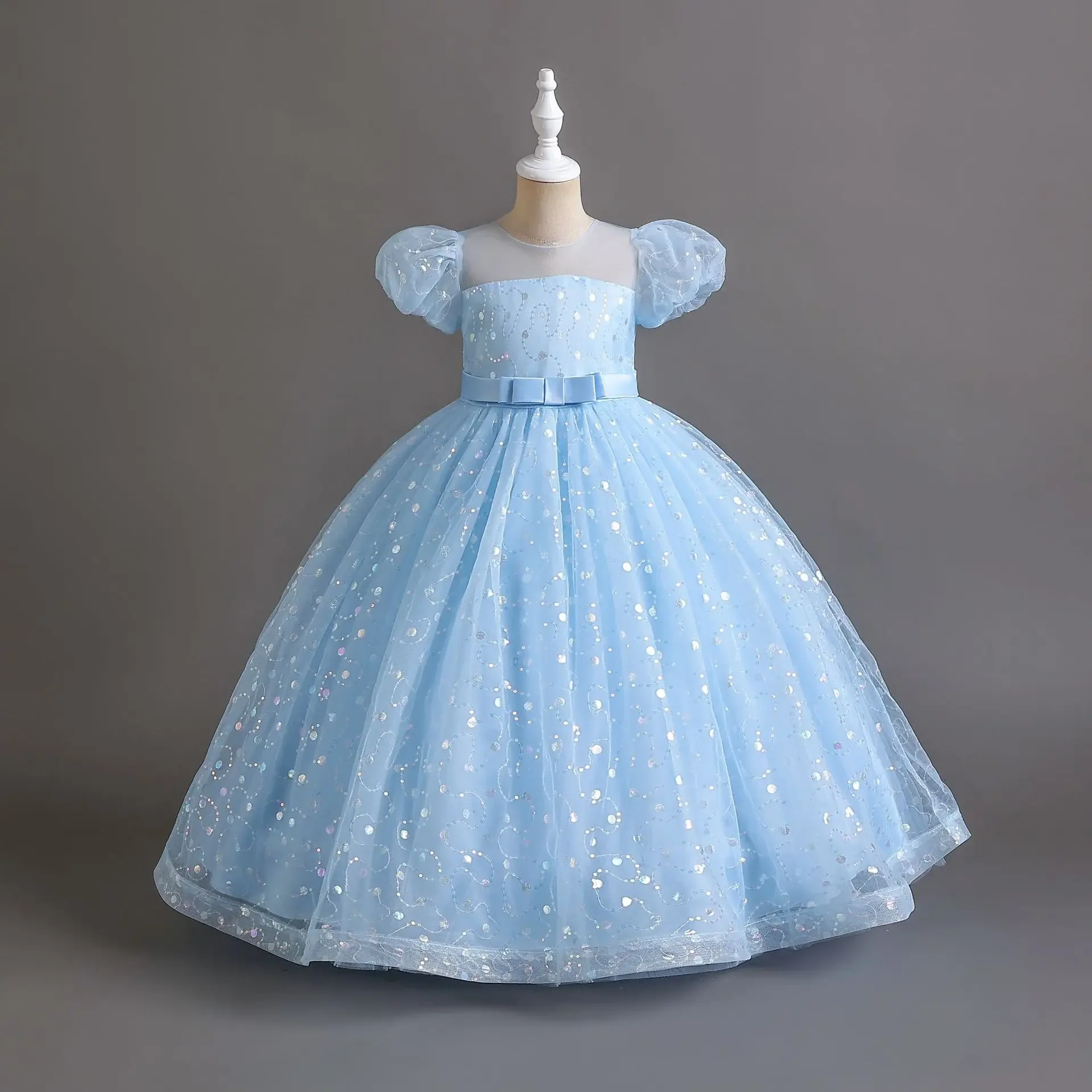 

5-14 Years Sequined Tulle Puff Sleeve Princess Long Formal Occasion Bridesmaid Dress For Girls Children's Elegant Prom 공주드레스