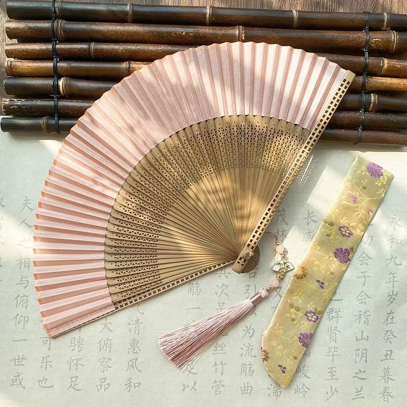 Antique Solid Color Folding Fan Hollowed Bamboo Portable Hanfu Photo-taking Props Dance Party Dressing Gown Fan Dance Party - Image 2