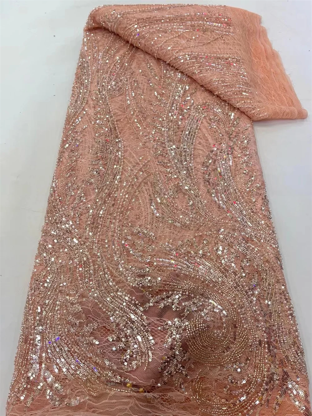 

Luxury Peach Handmade Beads Laces Fabric For African 5 Yards Red Sequin Lace Fabric Bridal Lace For Nigerian Party Dress A1147-1