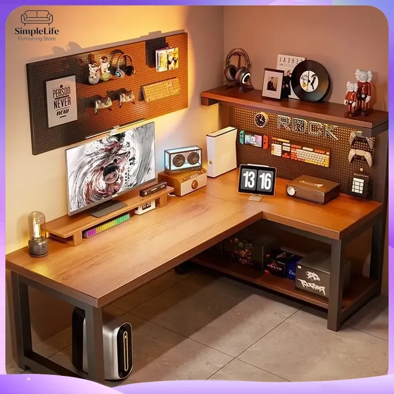L Shaped Computer Desk Solid Wood Corner Desk with Cable Management Hole Board Gaming Desk for Bedroom Home Office Wall