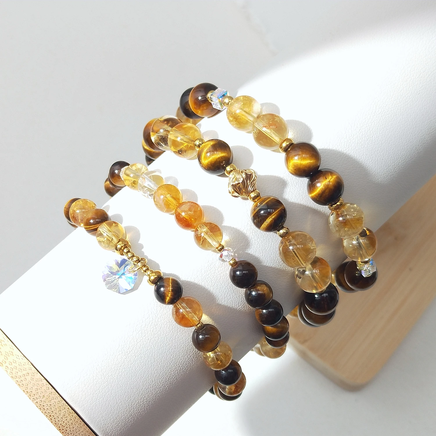 Lii Ji Natural Stone Tiger Eye Citrine 6/8mm With Crystal American 14K Gold Filled Elastic Bracelet