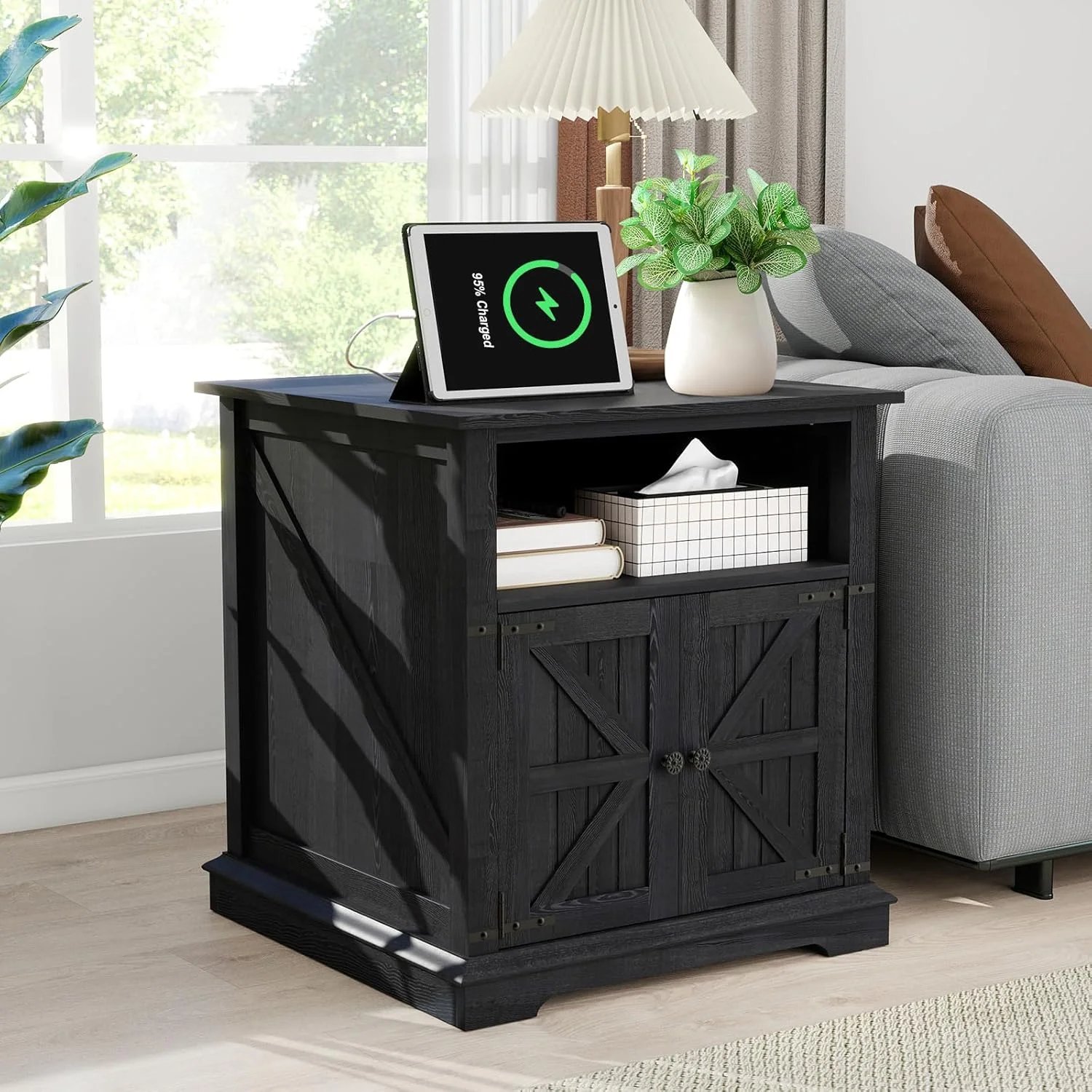 

Side Table with Charger, 24' Farmhouse Style Large Sofa Side Table with Adjustable Storage Shelves for Living Room, Bedroom
