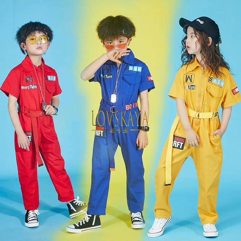 Hip Hop Clothing Blue Red Loose Jumpsuit Overalls Kids Cool Short Sleeve  for Girls Boys Jazz Dance Costumes