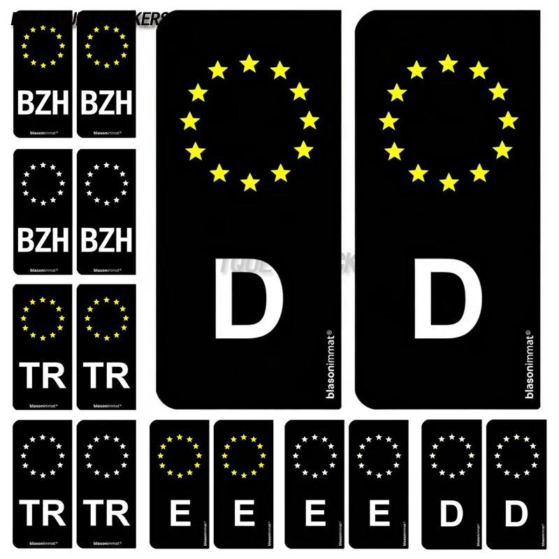 2Pcs Autocollant plaque d'immatriculation noir bleu Identifiant Européen-D Allemagne-BZH Breizh-TR Turquie-E Espagne PVC sticker