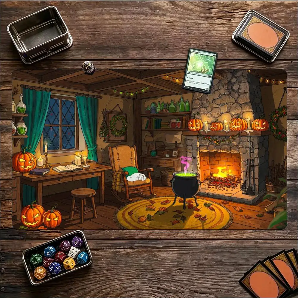 Extra Large Halloween Living Room TCG Cartoon Witch Cat Warm Sofa Scene Anti-Slip Locked Edge Rubber Base Card Game Keyboard