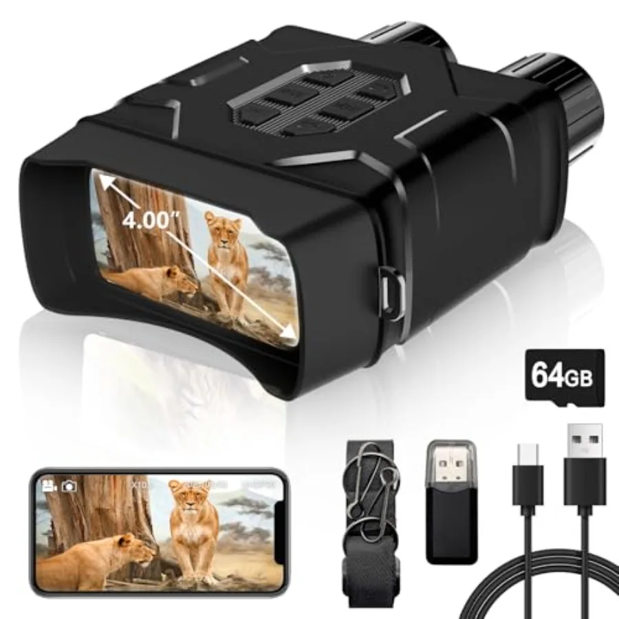 

Outdoor camping and observation night vision goggles: 5K resolution, 4 HD screen, 2000FT range, black, includes 64GB TF card an