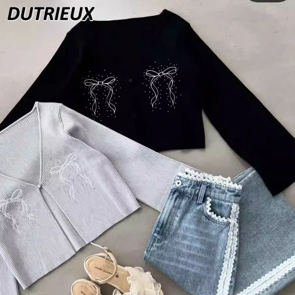 Spring and Autumn New Embroidered Bow Sweet Girl One Button Cardigan Solid Color Versatile V-Neck Short Knitted Sweater