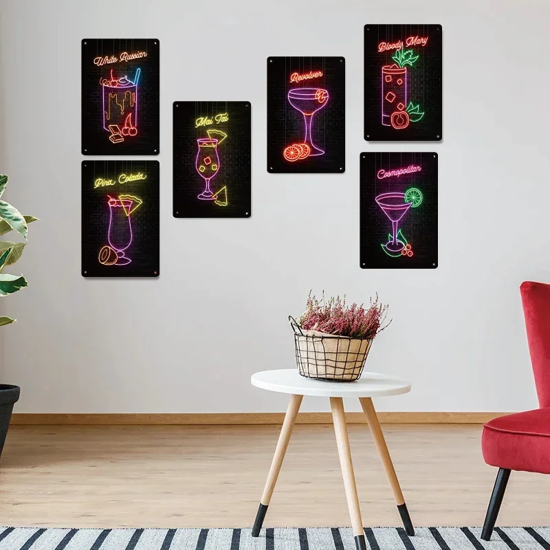 Neon Cocktail Drinks Metal Poster Sign Plaque Tin Painting Vintage Signage Home Restaurant Bar Club Wall Art Decor Mural Gift