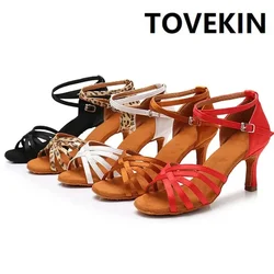 TOVEKIN-Satin Latin Dance Shoes for Women, Professional Node Heel, Salsa, Tango, Ballroom, 7cm, 5cm