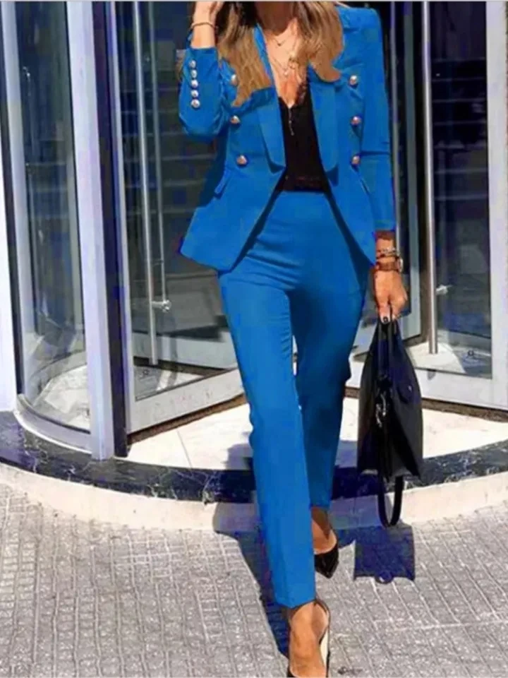 

Autumn Winter For Women's New Solid Color Fashion Double Breasted Suit Slim Pocket Pencil Pants Female Office 2 Piece Set 2023