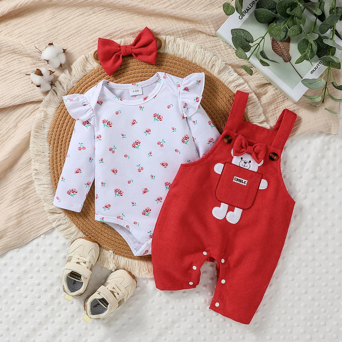 3Pcs Baby Girls Cute Long Sleeve Print Flower Romper+Red Suspender Trousers With Cartoon Bear Fall Clothes Set+Headband