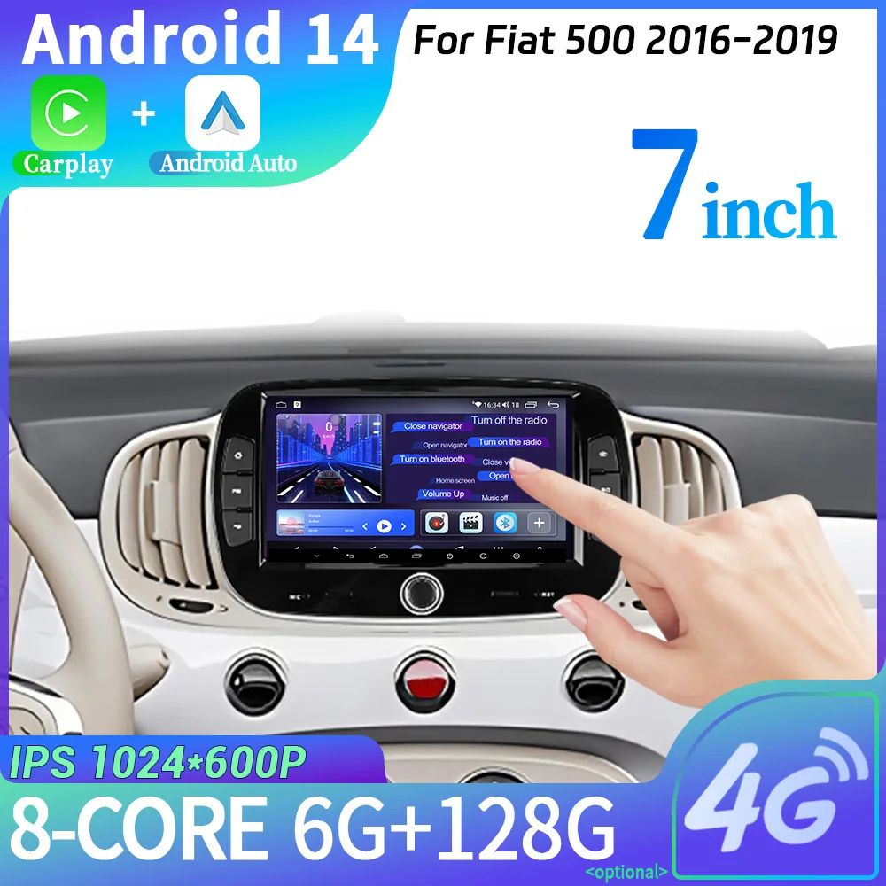 

Автомагнитола 7 дюймов Android 14 для Fiat 500 2016-2019 стерео 4G GPS навигация Беспроводная Bluetooth Carplay мультимедийный сенсорный экран