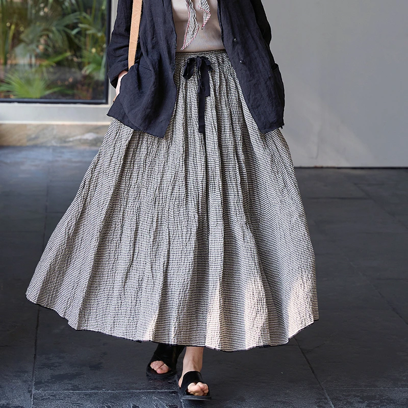 สูงเอวผ้าฝ้ายลินินกระโปรงยาวผู้หญิงใหม่มาถึง 2025 ฤดูใบไม้ร่วงสไตล์วินเทจลายสก๊อตหลวมผู้หญิงสบายๆกระโปรง M1834
